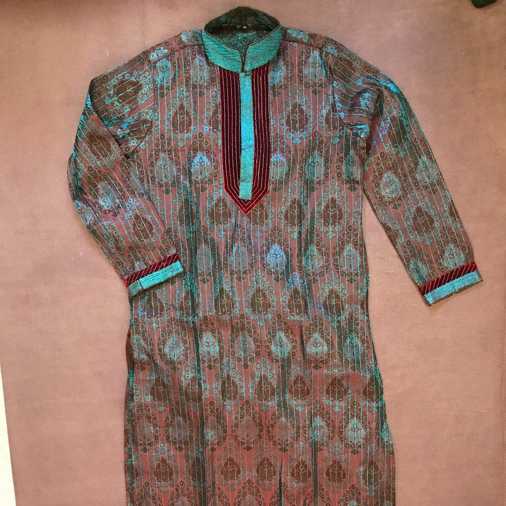 Holiday Partywear Sherwani Tunic & Pants in Maroon Velvet& Teal sz38  BRAND NEW